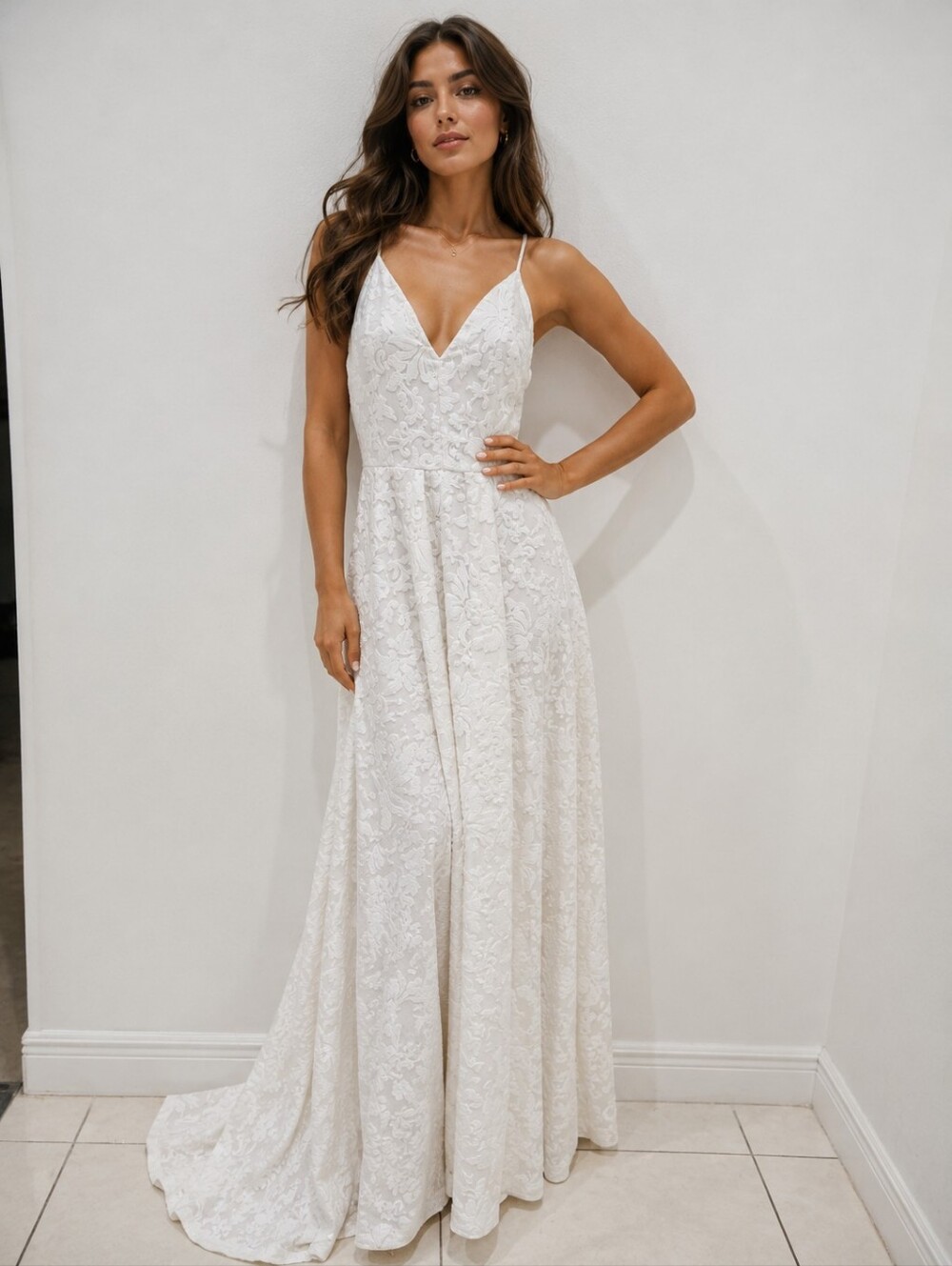 Calvin Klein  White maxi dress Size 2 Embossed Floral Spaghetti strapsV-neck